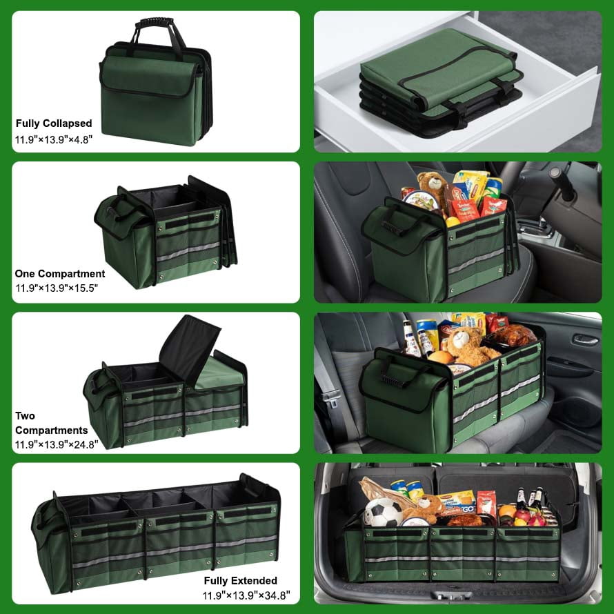Car Trunk Organizer,Heavy Duty Collapsible Car Trunk Storage Organizer, with Insulated Leakproof Cooler Bag Car Cargo Trunk Organizer with Lid, 3 Compartments, with Straps For Car Suv/Jeep/Sedan