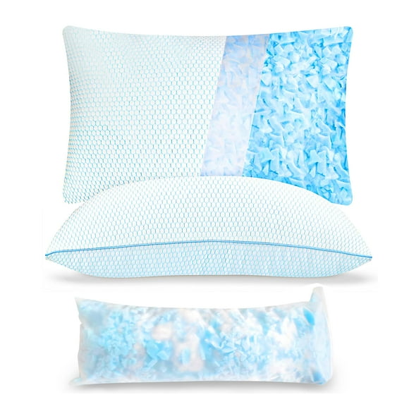 Kxorxev Shredded Gel Memory Foam Pillows, Set of 2 Cooling Bed Pillows for Sleeping, Adjustable Pillow for Side Back and Stomach Sleepers with Removable Washable Cover