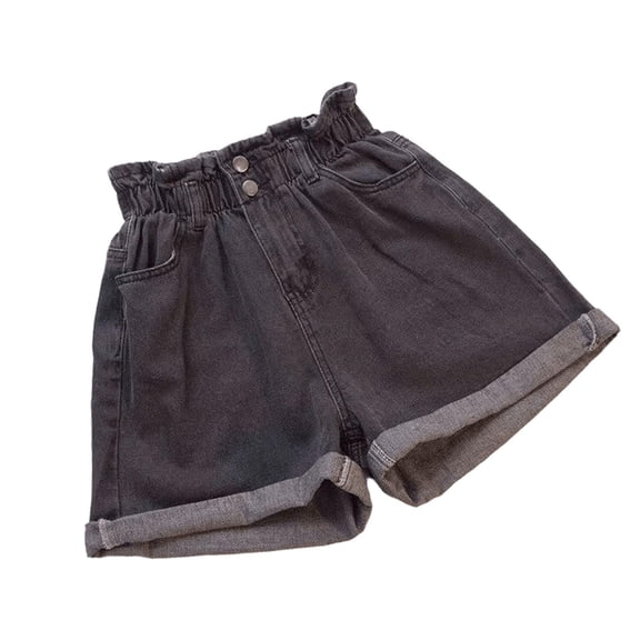 PEIBang Women's Paperbag High Waist Cuffed Denim Shorts,Washed Double Button Loose Jean Shorts with Side Pockets for Street Daily Wear