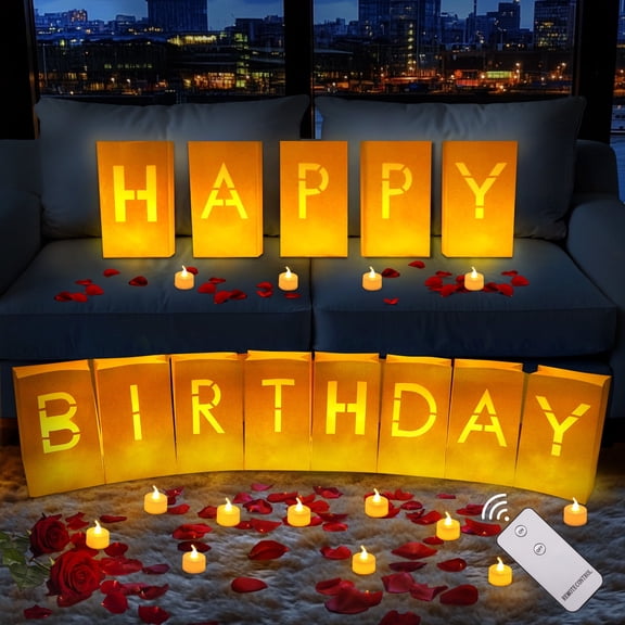 HKKDKTA Happy Birthday Light Up Letters Luminary Bags with 24 LED Candle Light and Remote Control, Happy Birthday Banner Sign Party Decoration