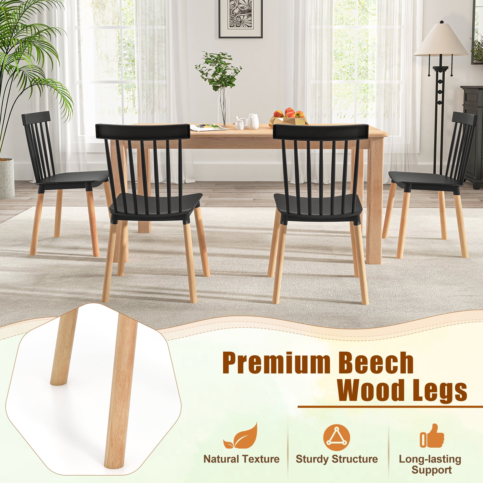 Giantex Set of 4 Windsor Dining Chairs, Armless Side Chairs w/ Spindle Back, Black