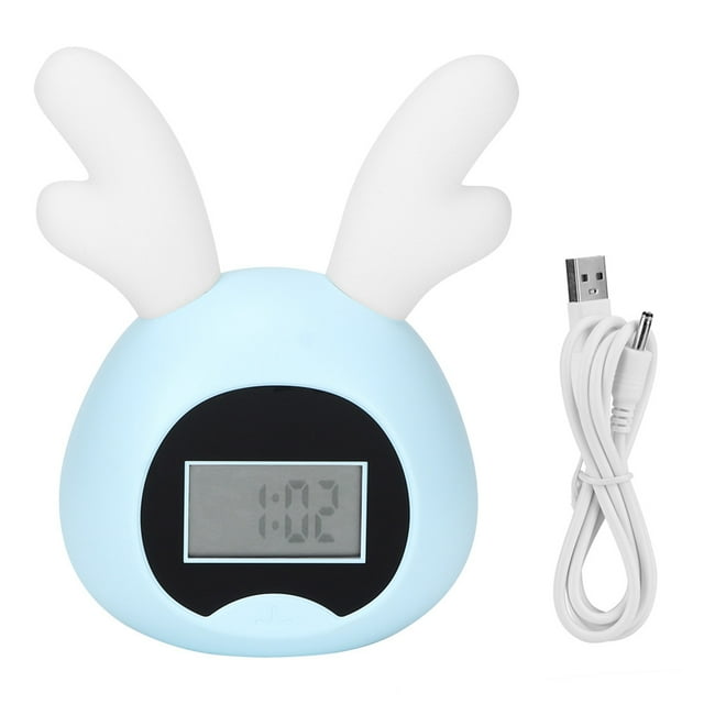 Escritorio USB Multifuncional Dibujos Animados Ciervos Pantalla LED Alarma Mesa Luz Reloj Electrónico Azul