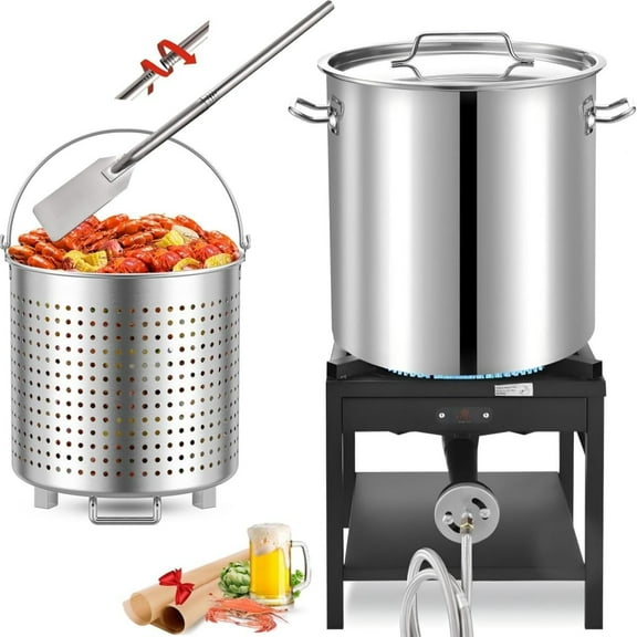 84QT Stainless Steel Seafood Boiling Turkey Fryer Kit with Strainer, 200,000BTU Propane Stove and 48" Mixing Paddle, Crab Crawfish Boil Pot and Burner for Outdoors Cooking and Steaming