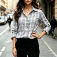 thumbnail image 5 of FDGIU Women's Plaid Button Down Shirt, Lapel Long Sleeve Loose Fit Collared Blouse Casual Tops for Office Daily Travel Outfits, 5 of 7