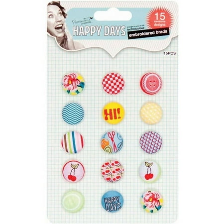 Papermania Happy Days Embroidered Brads, .75", 15/pkg