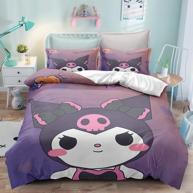 Sanrio Kuromi Series Funda nórdica Kit de lijado Impresión digital Dibujos animados Anime Linda cama Hogar Juego de tres piezas de dos piezas