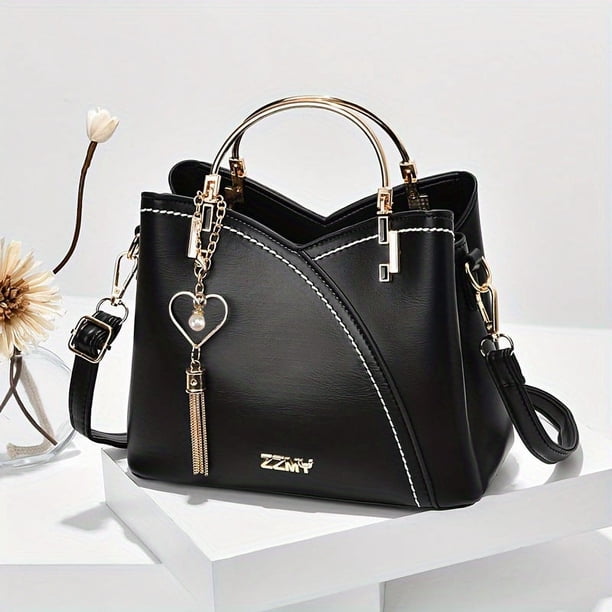 Color Block Satchel Bag, Trendy Metal Tassel Decor Crossbody Bag, Women's Top Ring Purse (9.1*7.5*4.5) Inch