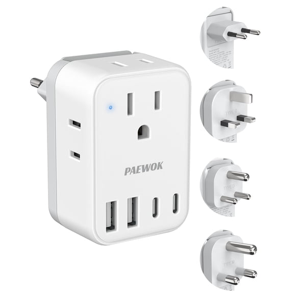 Juego de adaptadores de viaje PAEWOK de EE. UU. A Reino Unido/UE/ZA/India con 4 AC y 4 USB