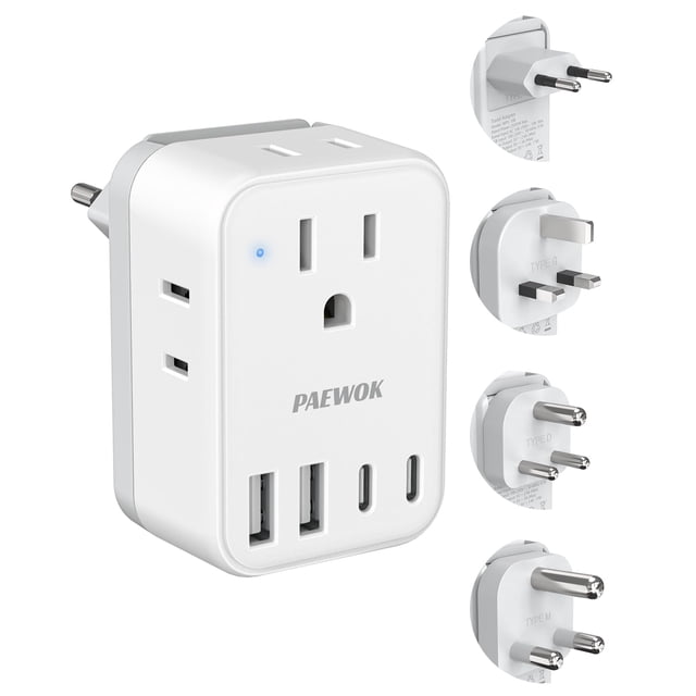 Juego de adaptadores de viaje PAEWOK de EE. UU. A Reino Unido/UE/ZA/India con 4 AC y 4 USB