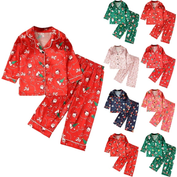 Pandaie 1-8T Baby Girls Boys Silk Christmas Pajamas Set Toddler Long Sleeve Button Down Shirts Pants Xmas Pj Outfits Brick Red