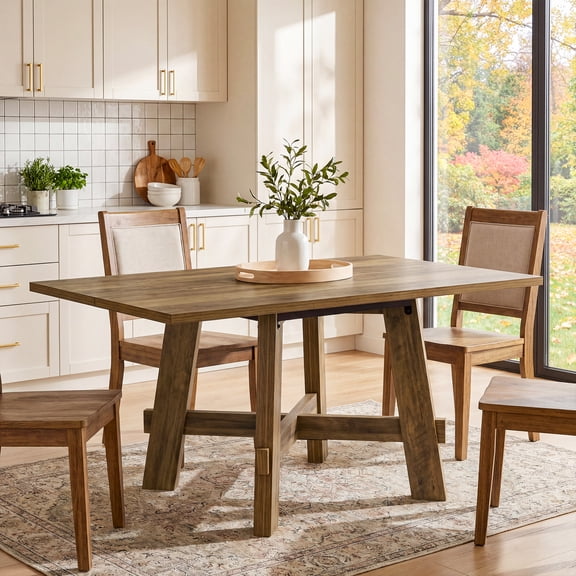 Finmind 47 Inch Farmhouse Dining Table for 4, Small Kitchen Table with Sturdy Legs & Cross Brace, Brown Wooden Dinner Table for Living Room, Apartment, Dining Room, Brown