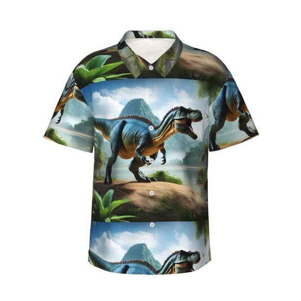 Fotbe Lake Forest Dinosaur A Camisa Hawaiana para Hombre Unisex – Camisa Casual de Verano con Botones de Manga Corta de Algodón y Lino,Small