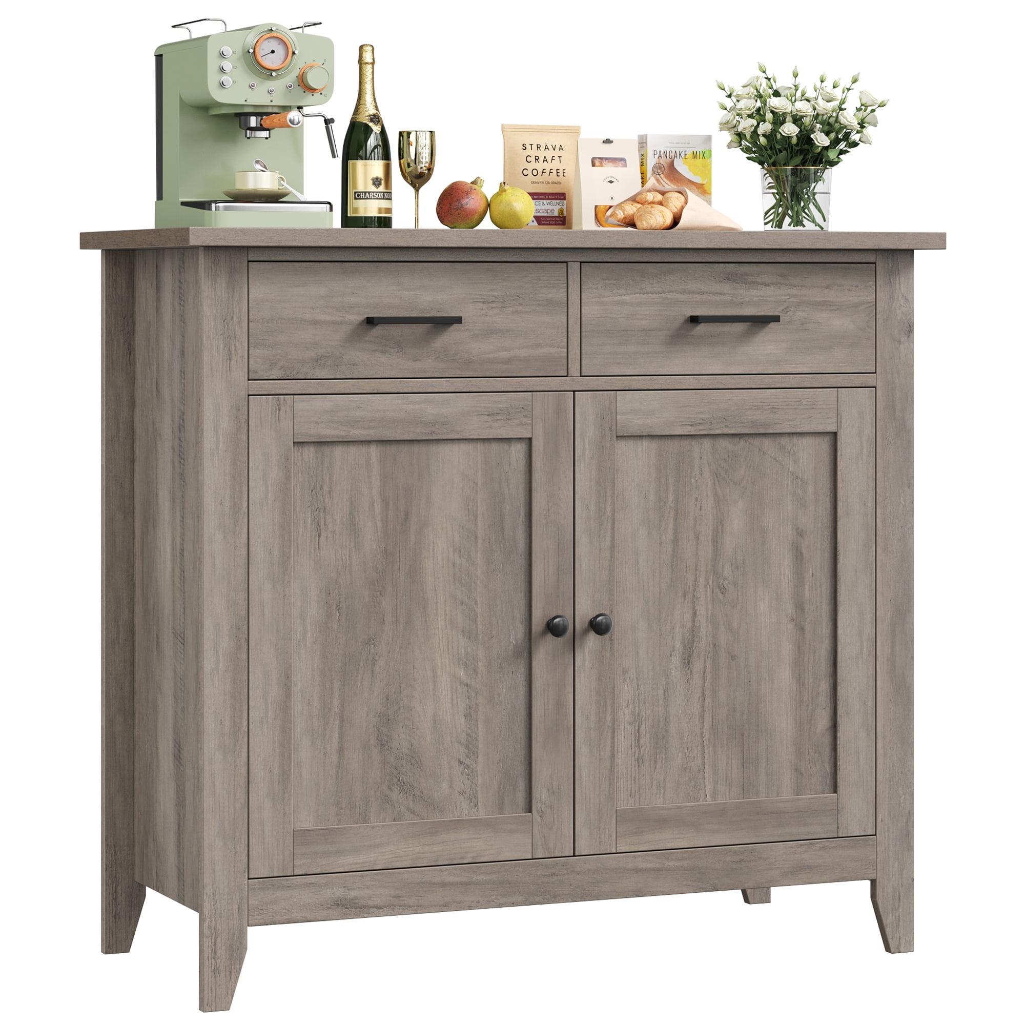 Homfa Kitchen Storage Cabinet, Sideboard Buffet Coffee Bar with 2 Drawers and 2 Doors for Dining Room Living Room, Gray