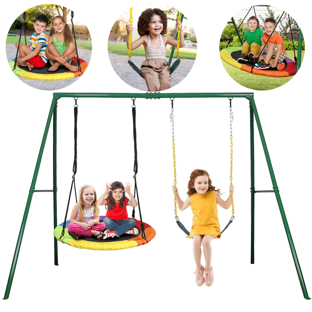 KLOKICK 440lbs 2 Seat Metal Swing Set with Heavy Duty A-Frame Metal Swing Stand - 2