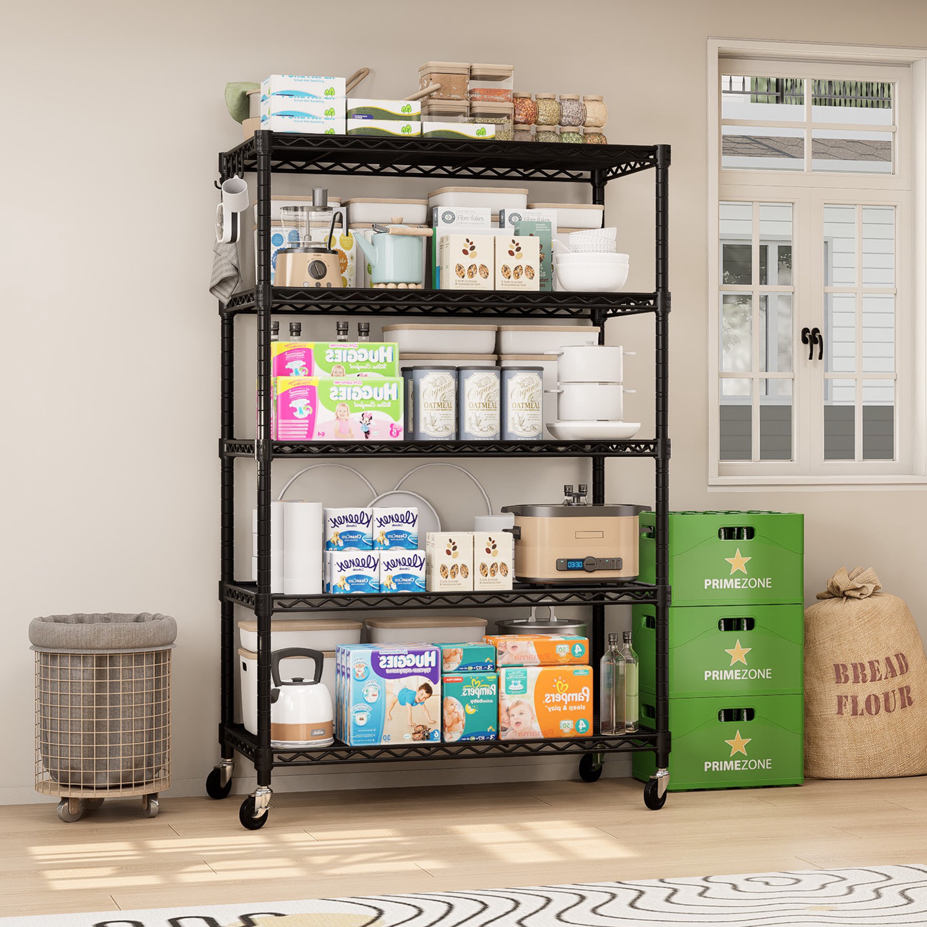 Prilinex 5 Tier Wire Shelving with Wheels NSF Certified Heavy Duty Kitchen Shelves Unit, Storage Rack for Pantry, Adjustable Garage Shelving 36"W x 16"D x 76"H, Black