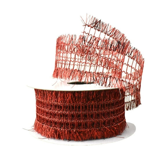 Christmas Metallic Open Weave Frayed Edge Wired Ribbon, 1-1/2-Inch, 10-Yard - Red