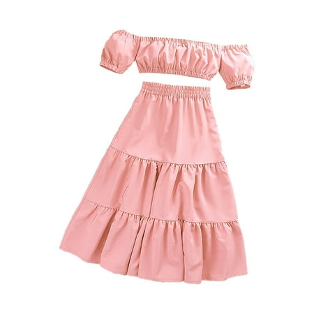 

Little Child Big Kids Girls One Shoulder Short Sleeve Tops Pleated Long Skirt Summer Solid Color Suit Outfits Sets Infant Baby Fashion Dailywear Child Clothing