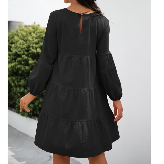 Femmes Robe Décontractée, Robe à Col Rond Manches Bouffantes Confortable Fluide Respirant Léger pour Bureau pour Dame de Vacances Rose, Noir, Mandarine