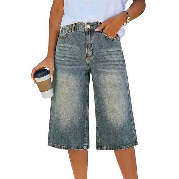 EMMIOL Women's High Waisted Baggy Denim Bermuda Shorts - Y2K Wide Leg Casual Trendy Streetwear Summer Shorts