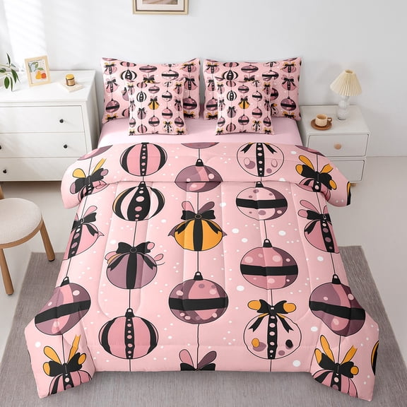 Erosebridal Bowknot Ball Bedding, Black Pink Bed in a Bag, Kawaii Cartoon Reversible Bed Set, Super Cozy Bedroom Decorative, 7pcs