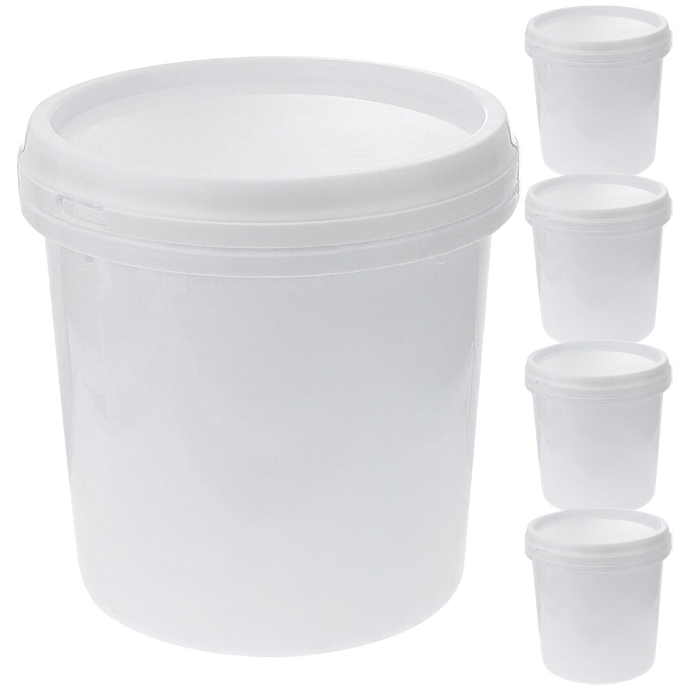 5 Pack White Plastic Bucket with Handle and Lid Food Storage Bucket Containers for Multipurpose Paint Water Art Crafts Projects Garage Organization (White,0.9 Quart)