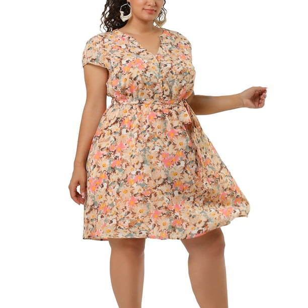 Women's Plus Size Dress V Neck Belted Summer Floral Dresses Pink 4X