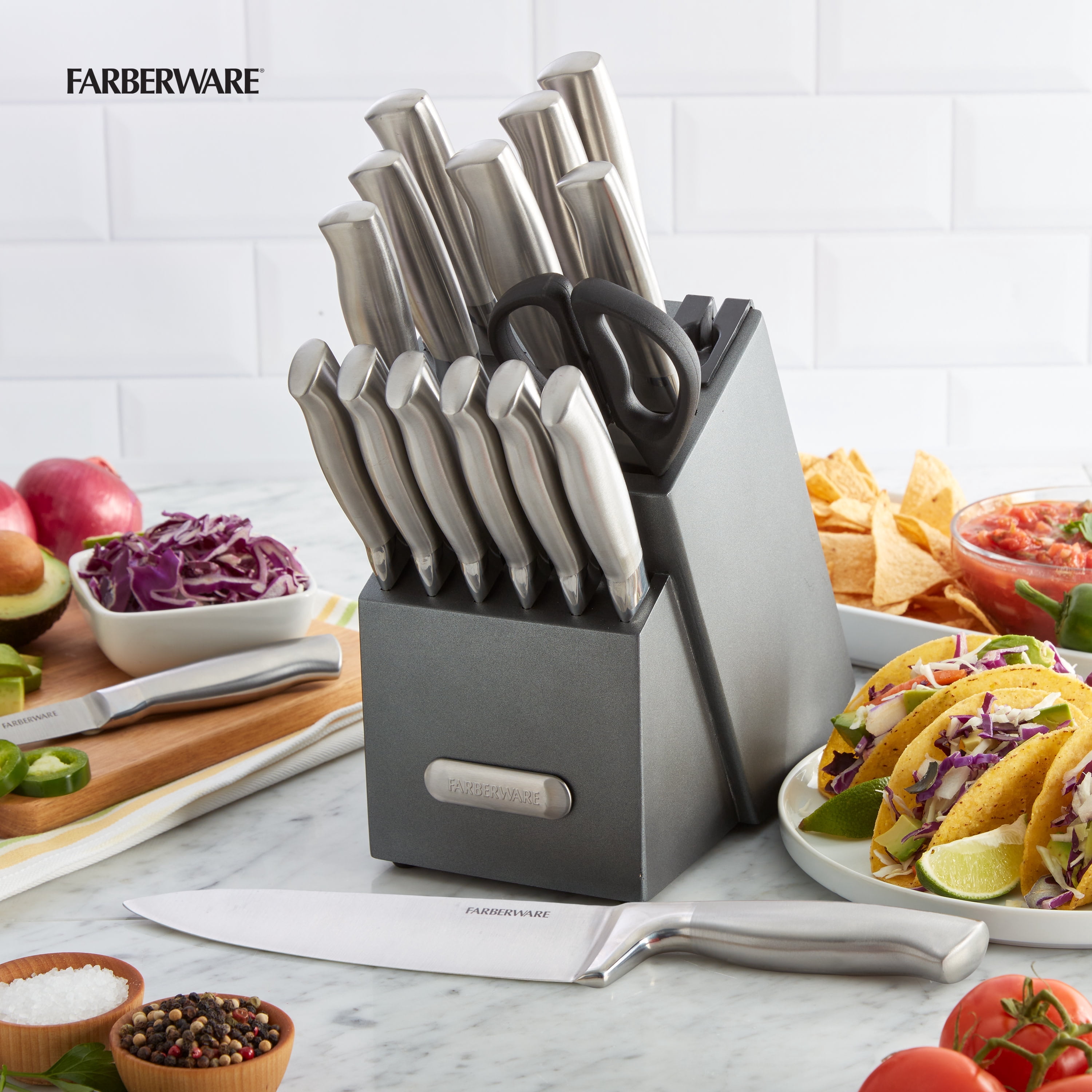 Farberware EdgeKeeper Professional 17-Piece Stainless Steel Knife Set Block Built-in Knife Sharpener
