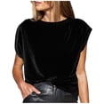 thumbnail image 2 of T-Shirt for Women Crewneck Cap Sleeve Vintage Loose Fit Velvet Texture Fabric Soft Stretchy Streetwear Casual Luxury Feel Summer Fall Fashion Tops, 2 of 8