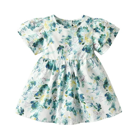

GWAABD Little Girls Spring Dress Light Blue Cotton Toddler Baby Girls Dress Summer Beach Floral Short Sleeve RuffleLine Swing Casual Dresses for Kids 130