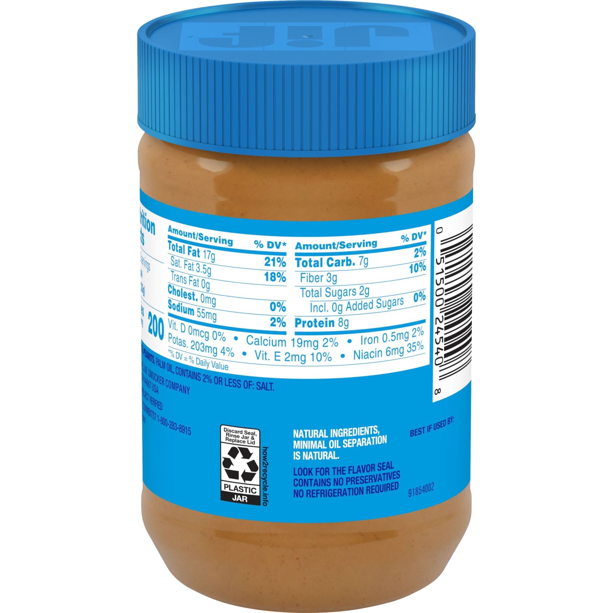 Jif No Added Sugar Creamy Peanut Butter Spread, 15.5 oz. - Smooth, Creamy Texture, No Stir Peanut Butter Spread