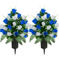ZULAR Artificial Cemetery Flowers,Grave Memorial Flowers with Vase,Artificial Rose Bouquet Decoration for Cemetery Headstones Gravesites,Set of 2 (Dark Blue&White)