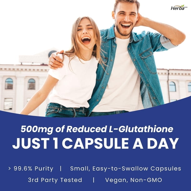 Herba Glutathione Supplement 500 mg - 60 Vegetable Capsules | L-Glutathione  Reduced Active Form | Made in Canada