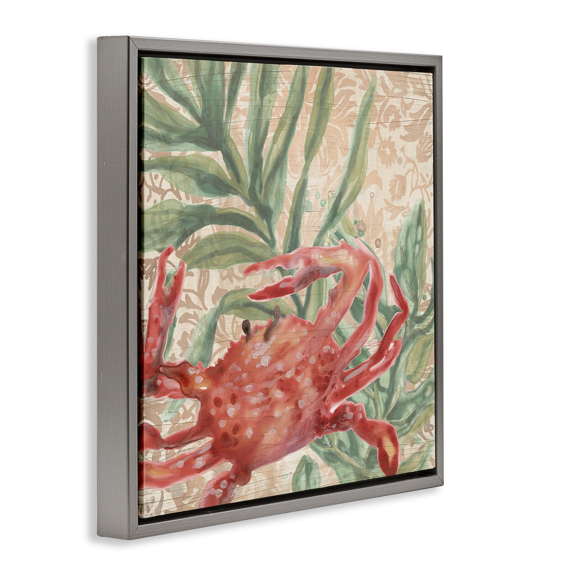 Stupell Industries Crab on Floral Pattern Animals & Insects Painting Gray Floater Framed Canvas Art Print Wall Art, 18 x 18