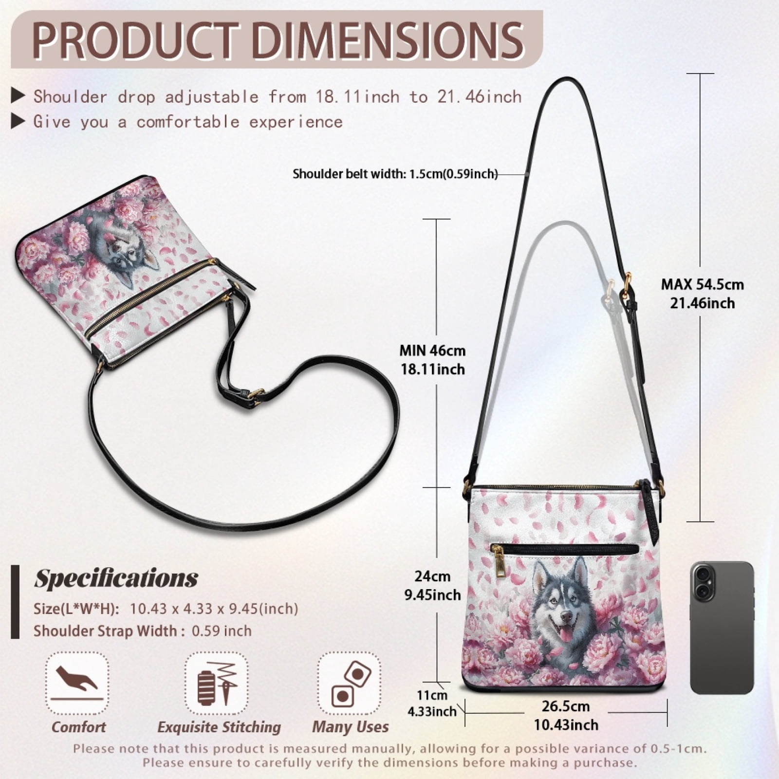 ZUXONGSY Peony Siberian Husky Prints PU Shoulder Purse Bag for Women Waterproof Crossbody Handbag Sling Hobo Bag Multipurpose Satchel with Adjustable Strap for Working Shopping