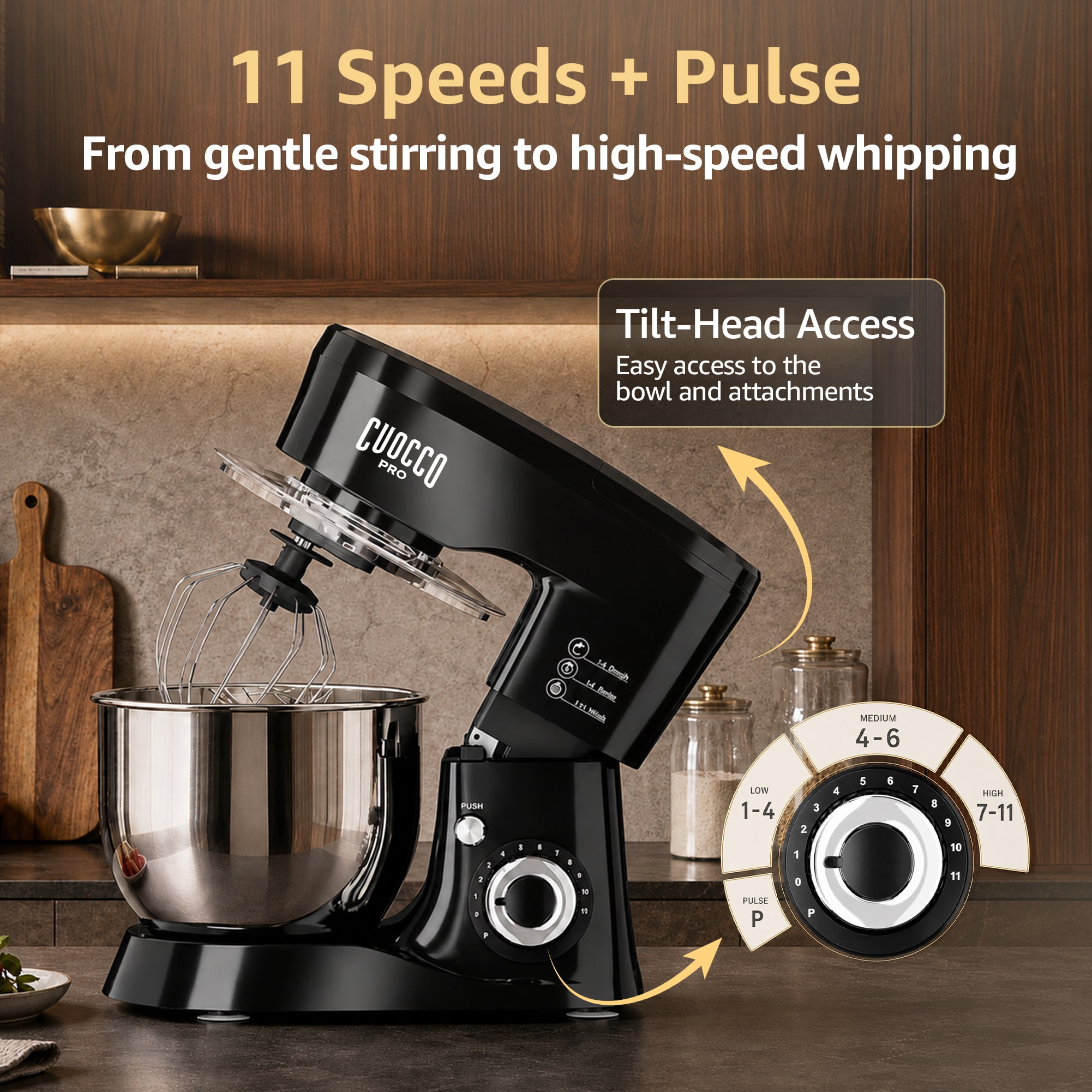 CUOCCO PRO 5.5 Qt Stand Mixer, Mixers for Kitchen, Handles Up to 800g/1.76 lb Dry Flour, 1000W Peak, 11 Speeds + Pulse, Dough Hook, Beater & Whisk for Bread & Pizza, Cake & Cookies
