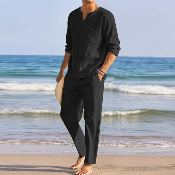 MRULIC suits for men Men Pieces Cotton Linen Set Henley Shirt Long Sleeve And Casual Beach Pants Summer Yoga Outfits Men Suits Black   L