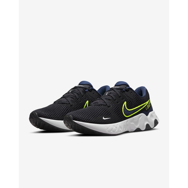 tenis nike renew ride 2 caballero original cu3507 001 nike cu3507 001 negro deportivo — Par de tenis deportivos para hombre en vista 3/4 frontal; parte superior de malla textil negra, forro interior textil azul marino y sistema de amarre de cordones. Suela intermedia blanca con diseño ondulado y tracción negra, logo Swoosh lateral en amarillo neón y Swoosh pequeño blanco en la puntera; adecuados para entrenamiento ligero y uso diario.