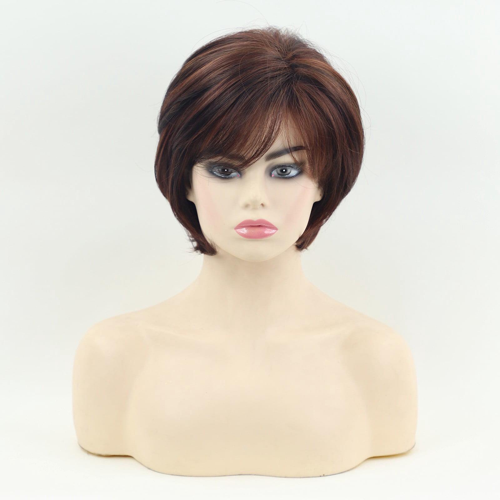Women Short Straight Auburn Wig Side Bangs Heat Resistant Synthetic Hair