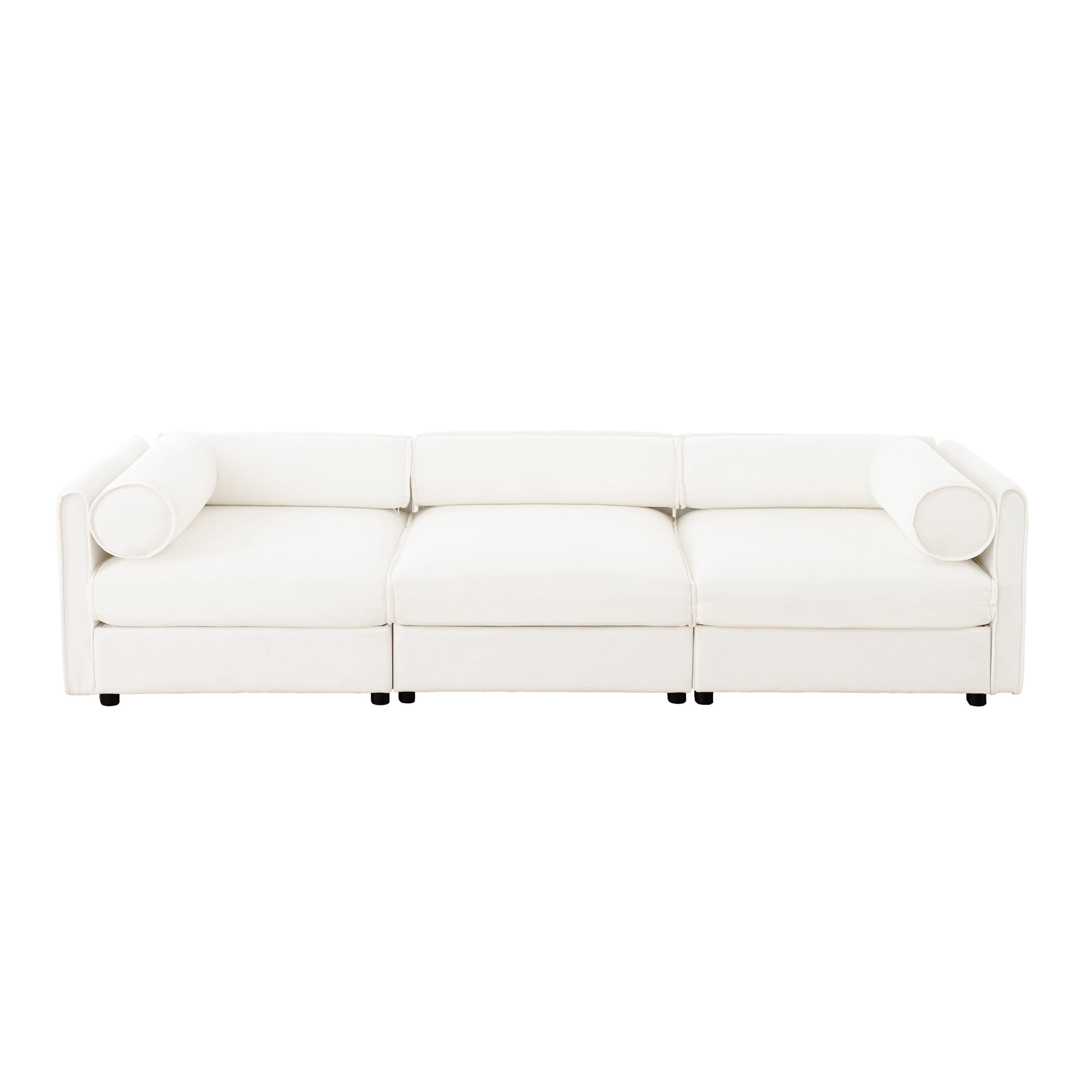 Gewnee Elegant 109" Deep Seat White Chenille Sofa with Hidden Storage Seat, Cylindrical Backrest and Armrests, Contemporary 3-Seater Couch For Compartment