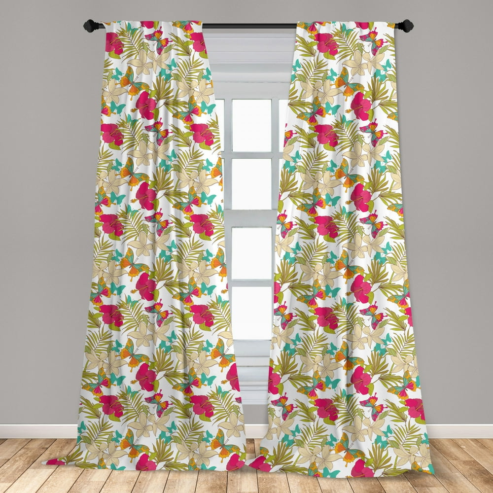 Hawaiian Curtains 2 Panels Set, Tropical Frangipani and Hibiscus