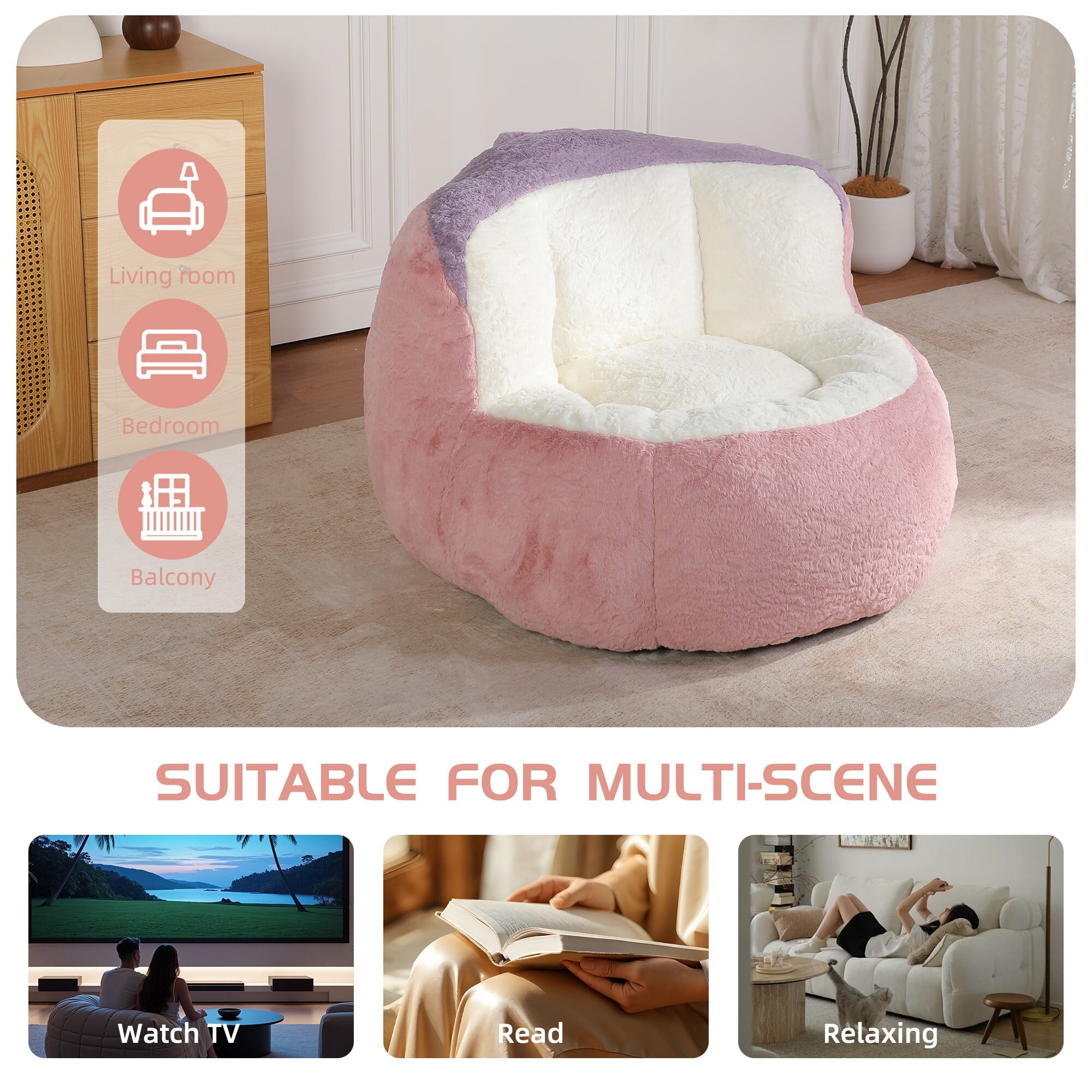 AENKYO Plush Faux Fur Bean Bag Chair - High Density Foam, Non-Slip, Portable Lounger for Living Room, Bedroom, Pink