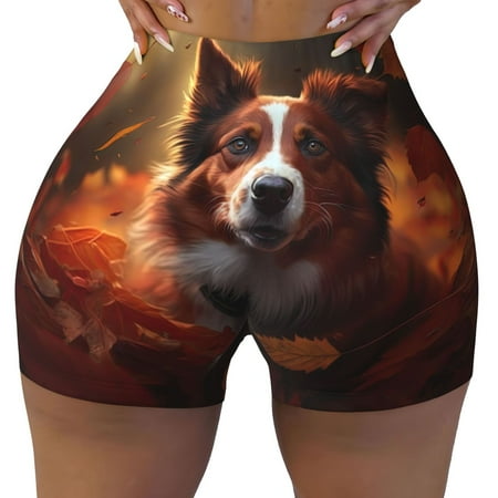 Workout Shorts Women  Cute Maple Leaf Puppy Biker Shorts for Women Running Gym Spandex Shorts Tummy Control