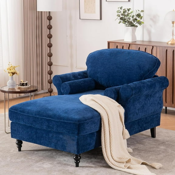 Rophefx Oversized Chaise Lounge Chair Indoor, 59.3" D Upholstered Sleeper Lounge Sofa Chair with 2 Rolled Pillows, Modern Reading Chairs with Sturdy Legs for Living Room, Bedroom, Blue