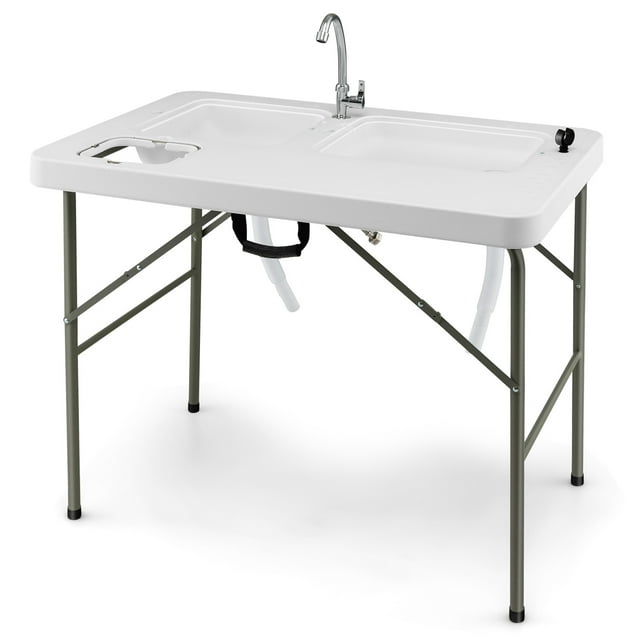 Costway Table de Nettoyage Pliante pour Poisson avec 2 Éviers Intégrés et Robinet Rotatif à 360°