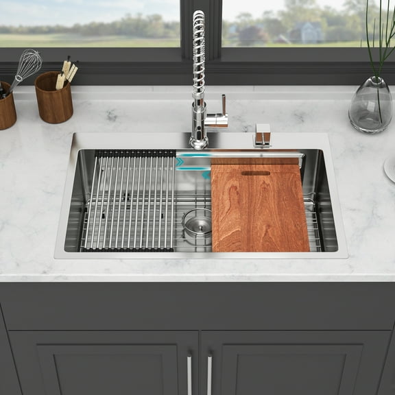 Kitchen Sink 33" Drop in Kitchen Sink - 33*22 inch Kitchen Sink Drop-in Topmount Single Bowl 16 Gauge Stainless Steel Ledge Workstation Kitchen Sinks,Stainless Steel Kitchen Sink