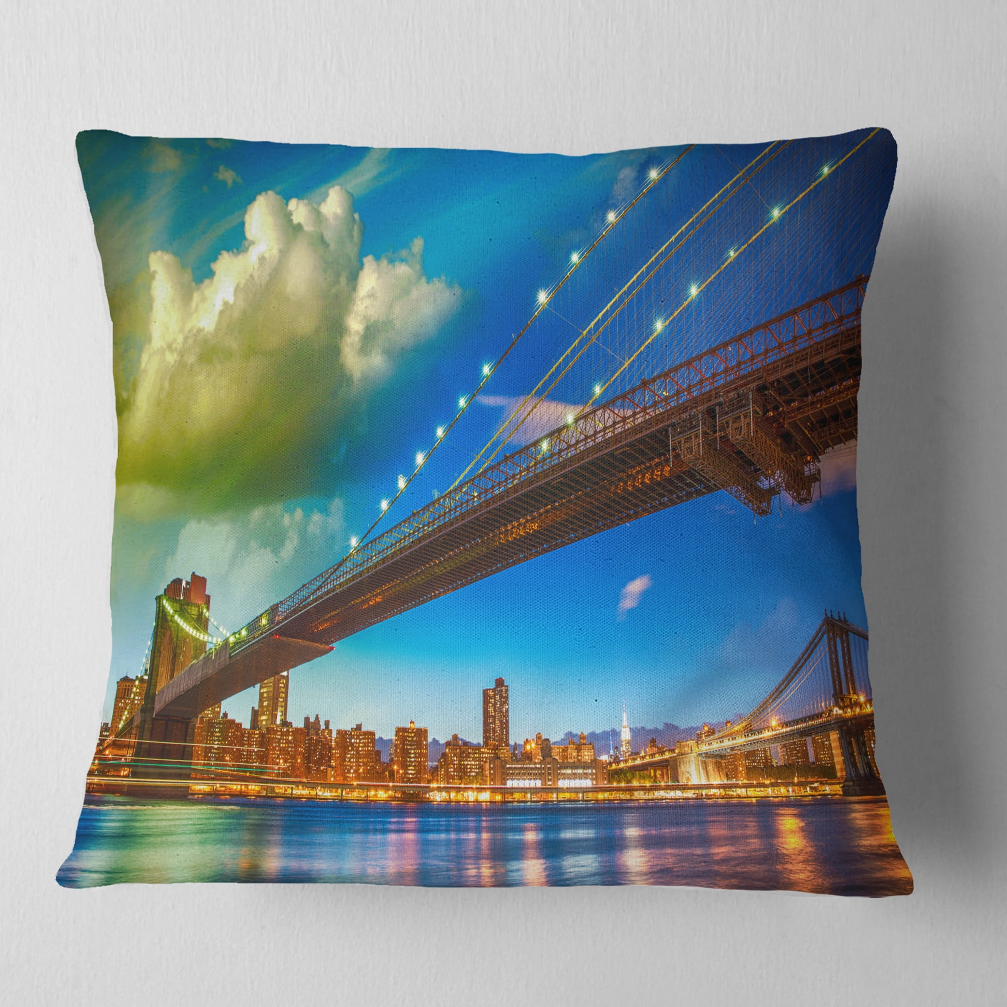 Designart Brooklyn Bridge with Cloud in Sky - Cityscape Photo Throw Pillow - 16x16