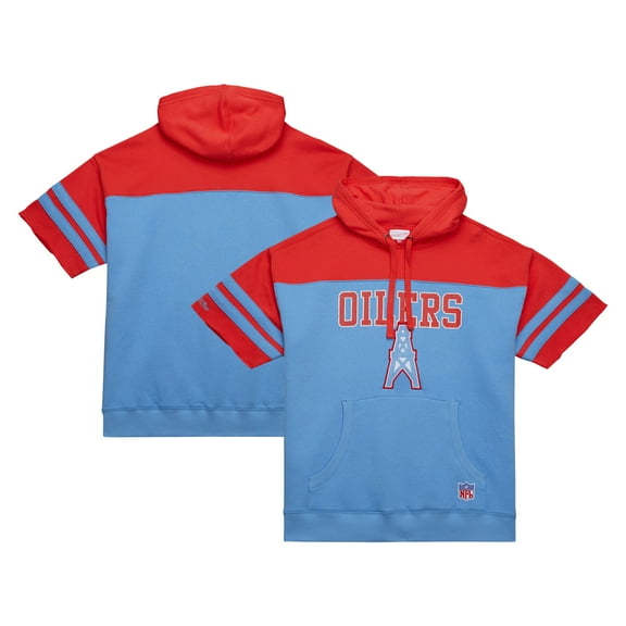 Men's Mitchell & Ness Light Blue Houston Oilers Gridiron Classics Off Field Vintage Logo Short Sleeve Pullover Hoodie