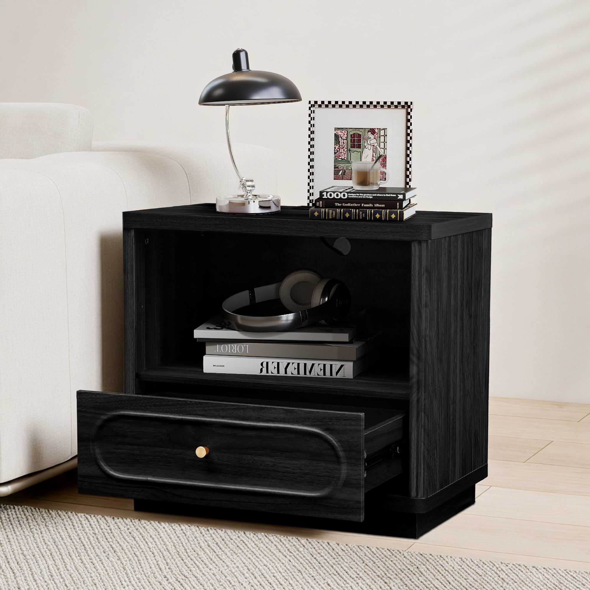 YOCWO Nightstand Set of 2 with Drawers and Charging Station for Bedroom, Mid Century Bedside Table with Open Shelf for Storage, Arched Drawer and Fluted Side, Black