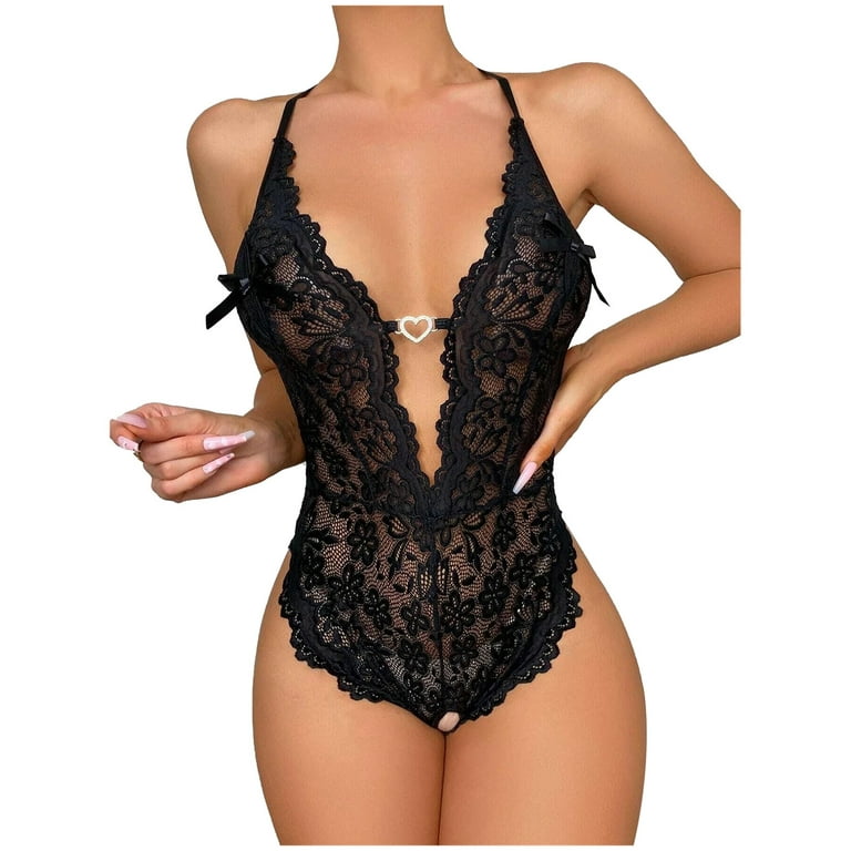 RQYYD Reduced High Cut Halter Deep V Neck Lingerie Floral Lace Bodysuit  Plunge Teddy See Through Sexy Body Suit(Black,One Size)
