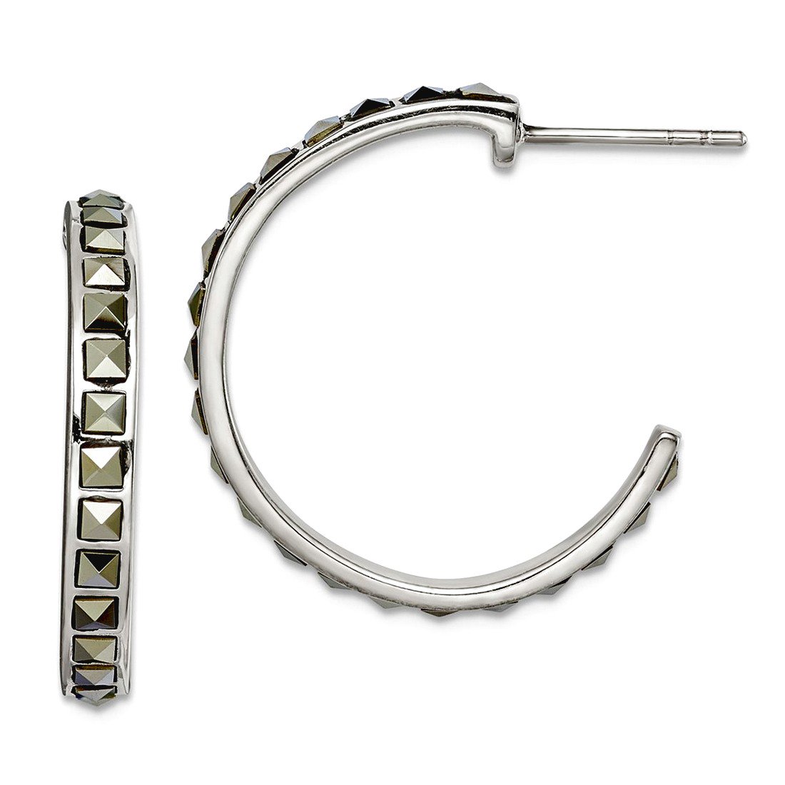 925 Sterling Silver Square Marcasite 25x3.5 Hoop Post Earrings 24.65x25.42mm Wide 3.54mm Thic Hoop Earring for Women